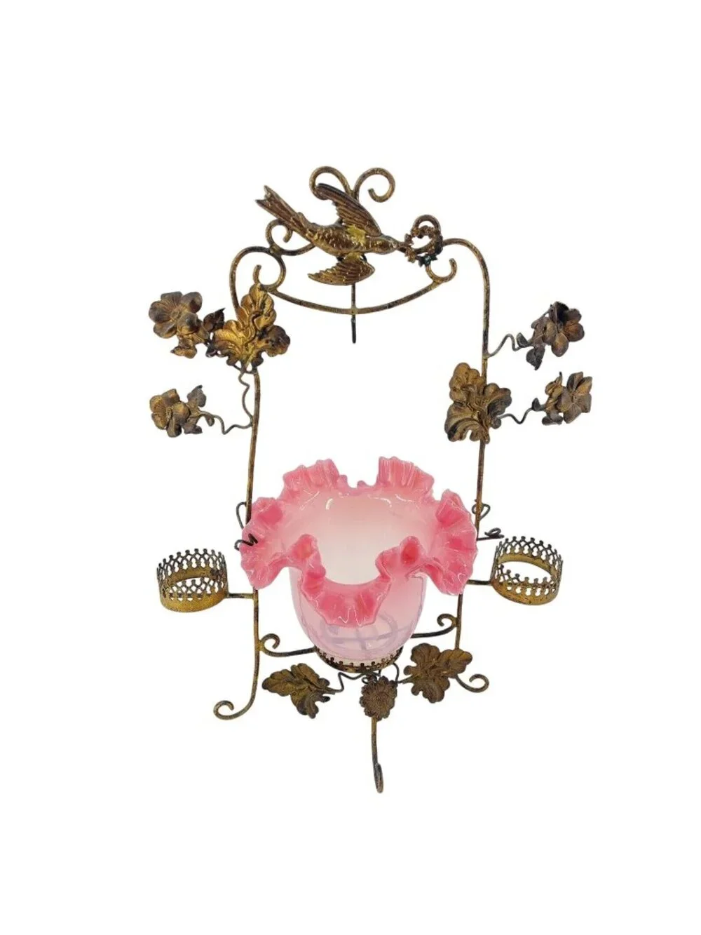Antique French Gilt Pocket Watch Holder Vanity Pink Glass Bowl Bird Flowers